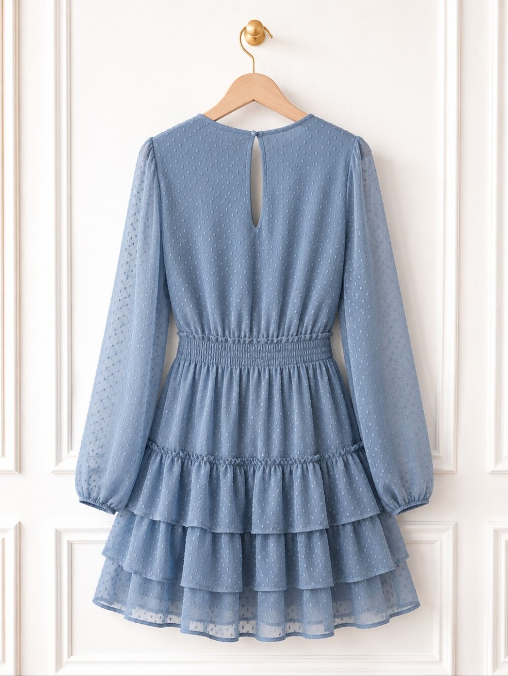 Express Swiss Dot Tiered Mini Dress Blue Long Sleeve Smocked Waist Size Medium - Picture 6 of 8